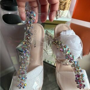 Fashion Nova Clear Heels with Multicolor Rhinestones